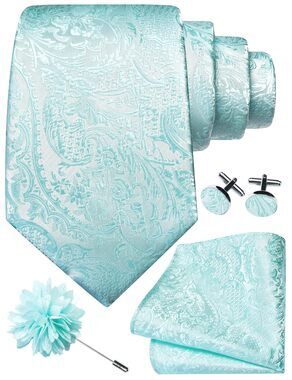 3634 Mint Tie Set Silk Paisley Necktie Pocket Square Cufflinks and Lapel